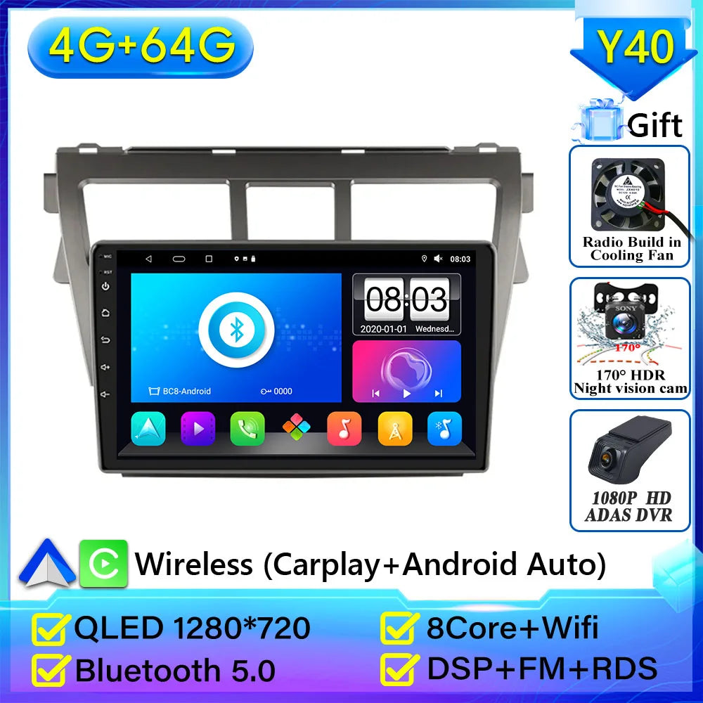 Pour Toyota VIOS Yaris 2007 2008 2009-2012 autoradio Android 15 Navigation vidéo GPS Android Auto Android 15 Carplay unité No 2din