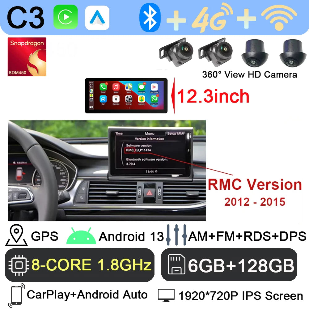 Android 13 sans fil Carplay 12.3 pouces pour Audi A6 C7 A7 2012-2018 autoradio multimédia Android Auto GPS 4G LTE DSP stéréo WiFi