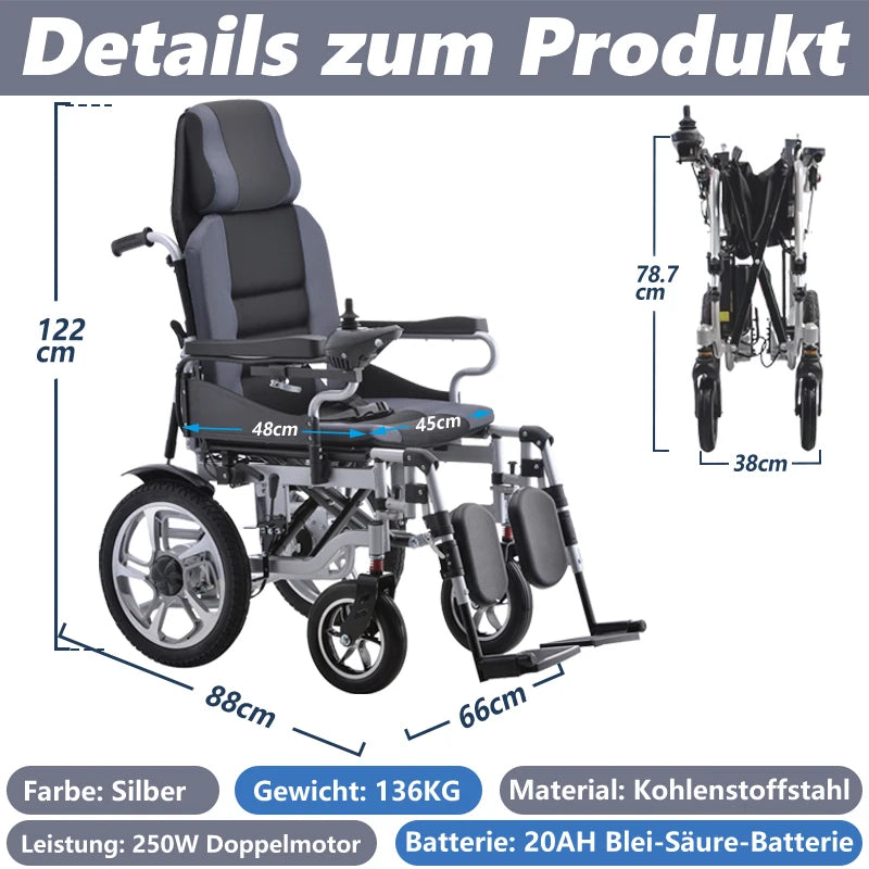 Fauteuil roulant électrique 500W, 20AH, pliable, inclinable, capacité de poids de 150KG, portée de 22KM, conception ergonomique