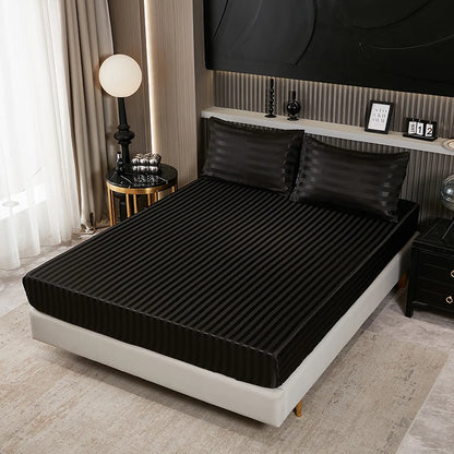 Satin-injFitted-طقم ملاءات سرير كوين، رمادي، ناعم، مبرد، جيب عميق، أطقم مفروشات، مخطط، سادة، غطاء مرتبة