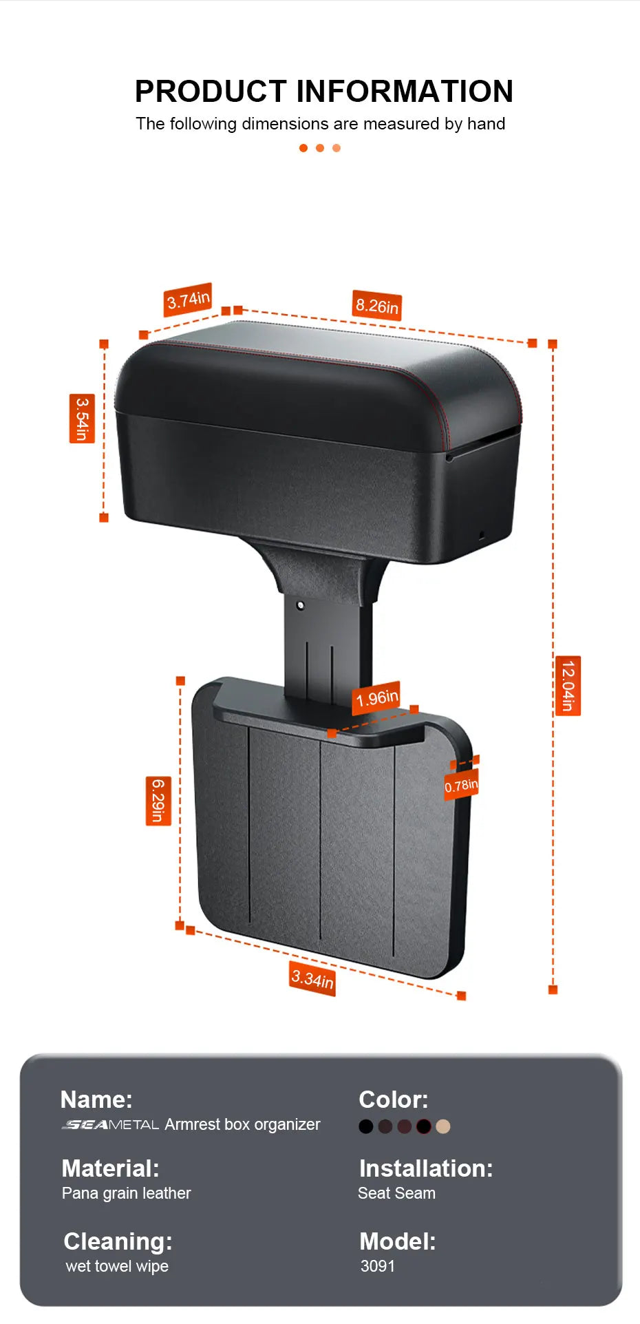 SEAMETAL – boîte d'accoudoir de voiture, organisateur de repose-coude à hauteur réglable, boîte de rangement universelle pour repose-bras intérieur, organisateur d'espace de siège