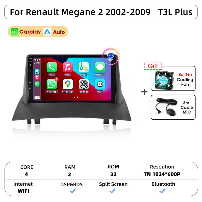 Android Carplay Auto pour Renault Megane 2 2002 2003 2004 2005 2006 2007 2008 2009 lecteur d'autoradio multimédia WIFI + 4G stéréo