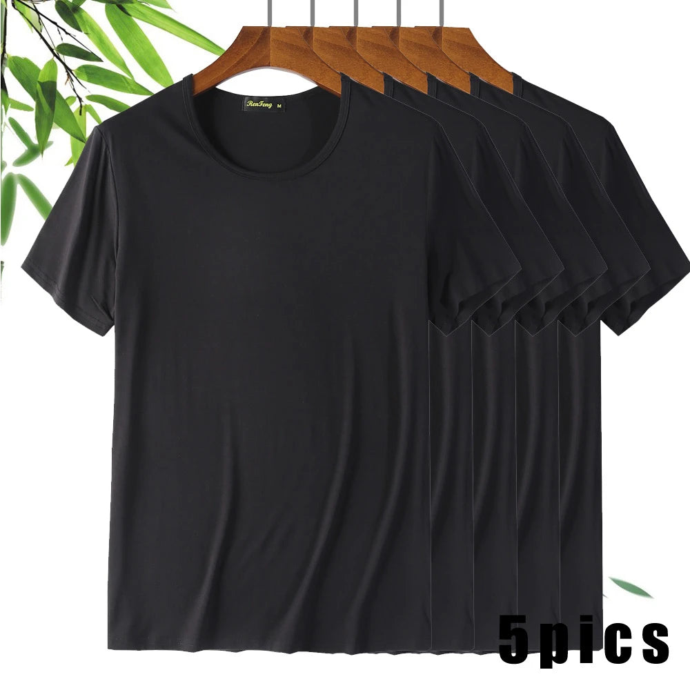 T-Shirt en Fibre de Bambou pour Homme, Confortable, Respirant, Col Ras du Cou, Slim, Manches Courtes, Solide, Décontracté, Été, Lot de 5