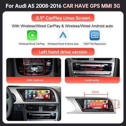 Écran Linux d'affichage multimédia de voiture de 8.9 ''12.3" pour Audi A5 S5 2008-2016 avec Carplay sans fil Android Auto Airplay Autolink