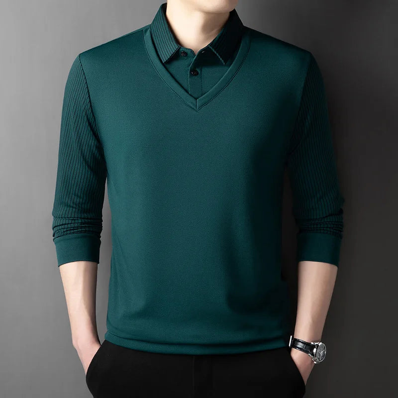 Polo à manches longues pour hommes, décontracté et à la mode, couleur unie, faux deux pièces, Business, toutes saisons, haut polyvalent, nouvelle collection 2025