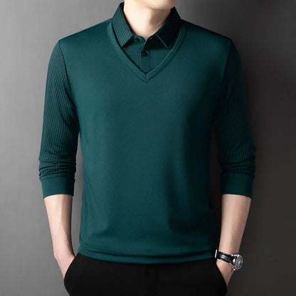 Polo à manches longues pour hommes, décontracté et à la mode, couleur unie, faux deux pièces, Business, toutes saisons, haut polyvalent, nouvelle collection 2025