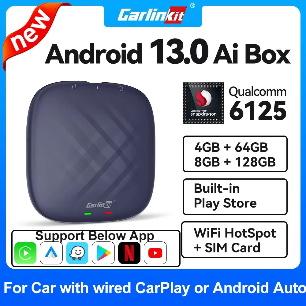 2026 NOUVEAU CarlinKit CarPlay Ai Box Qualcomm QCM6125 SM6225 CPU 8 cœurs Android 13 Carplay sans fil Android auto GPS 4G LTE pour voiture CarPlay filaire