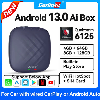 2026 NOUVEAU CarlinKit CarPlay Ai Box Qualcomm QCM6125 SM6225 CPU 8 cœurs Android 13 Carplay sans fil Android auto GPS 4G LTE pour voiture CarPlay filaire