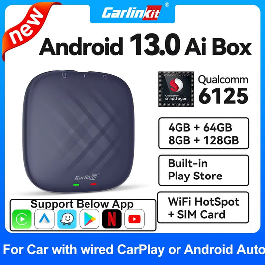 2026 NOUVEAU CarlinKit CarPlay Ai Box Qualcomm QCM6125 SM6225 CPU 8 cœurs Android 13 Carplay sans fil Android auto GPS 4G LTE pour voiture CarPlay filaire