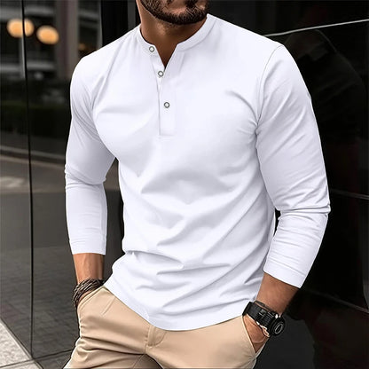 تي شيرت بولو رجالي صيفي 2025 بأكمام طويلة وياقة هنري، كاجوال ومسامي ومريح، تي شيرت بولو سادة عالي الجودة للرجال، شحن مباشر