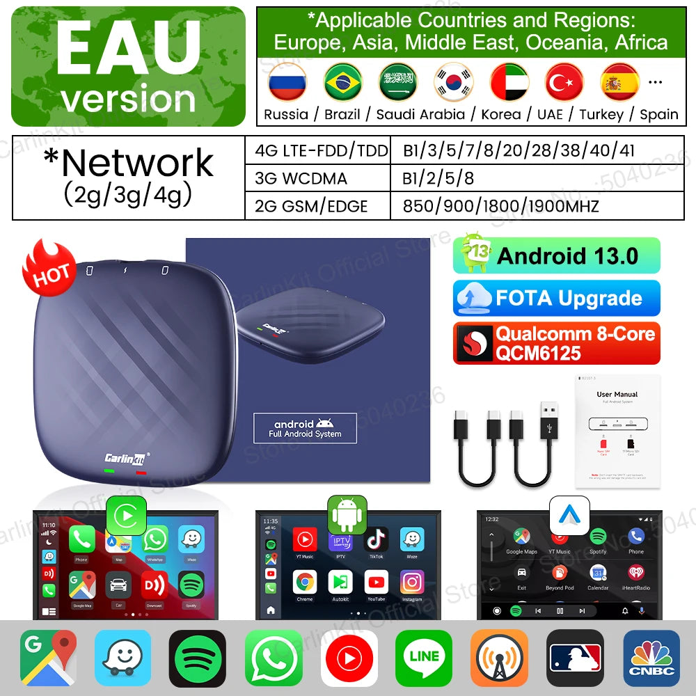 صندوق تلفزيون CarlinKit-Android 13 اللاسلكي للسيارة بنظام CarPlay AI، بمعالج QCM6125، ثماني النواة، شاشة مقسمة، 64 جيجابايت، 128 جيجابايت لـ Netflix، مع وعد بتشغيل PRPRU
