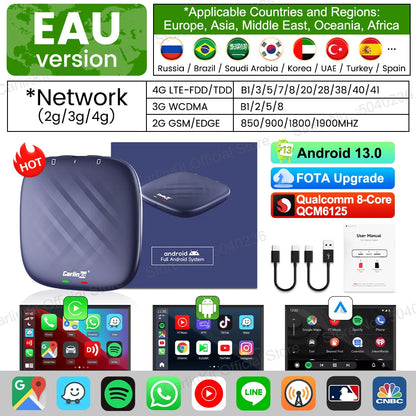 صندوق تلفزيون CarlinKit-Android 13 اللاسلكي للسيارة بنظام CarPlay AI، بمعالج QCM6125، ثماني النواة، شاشة مقسمة، 64 جيجابايت، 128 جيجابايت لـ Netflix، مع وعد بتشغيل PRPRU