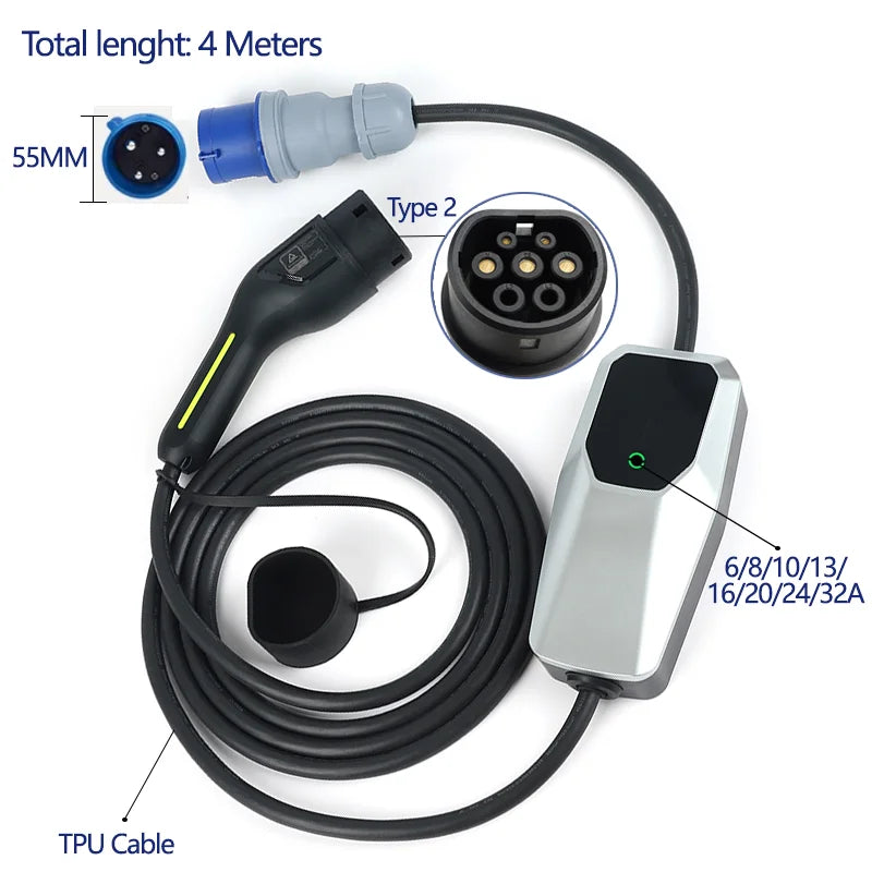 Chargeur EV Type 2 Type 1, boîtier de chargement pour voiture électrique 6A-16A, 10 mètres, 4 mètres, 1 phase, 3 phases, câble de chargement EVSE Mode 2