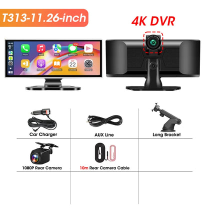 11.26 pouces Dash Cam 4K voiture DVR sans fil Carplay et Android Auto GPS Navigation enregistreur vidéo tableau de bord double objectif 5G Wifi FM AUX