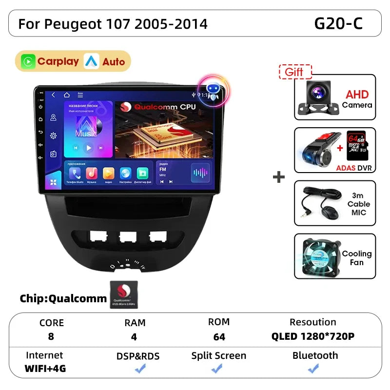 Srnubi autoradio pour Peugeot 107 Toyota Aygo citroën C1 2005-2014 sans fil Carplay Android Auto lecteur multimédia de voiture 2 Din