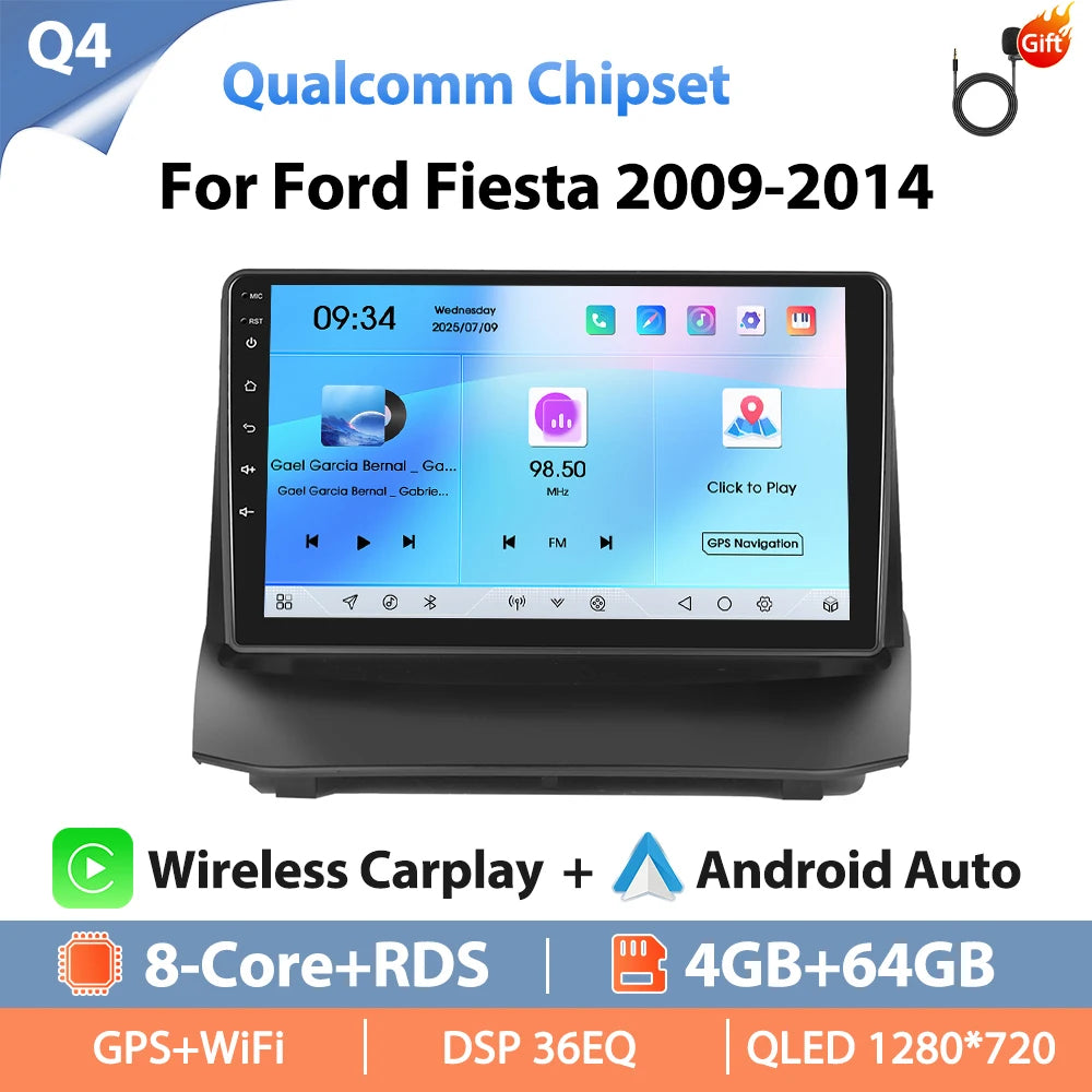 Autoradio Hikity 9 pouces 4G pour Ford Fiesta 2009-2014, lecteur multimédia vidéo, Carplay, Android Auto, 8 cœurs, WIFI, 4G, GPS, Mirrorlink, BT