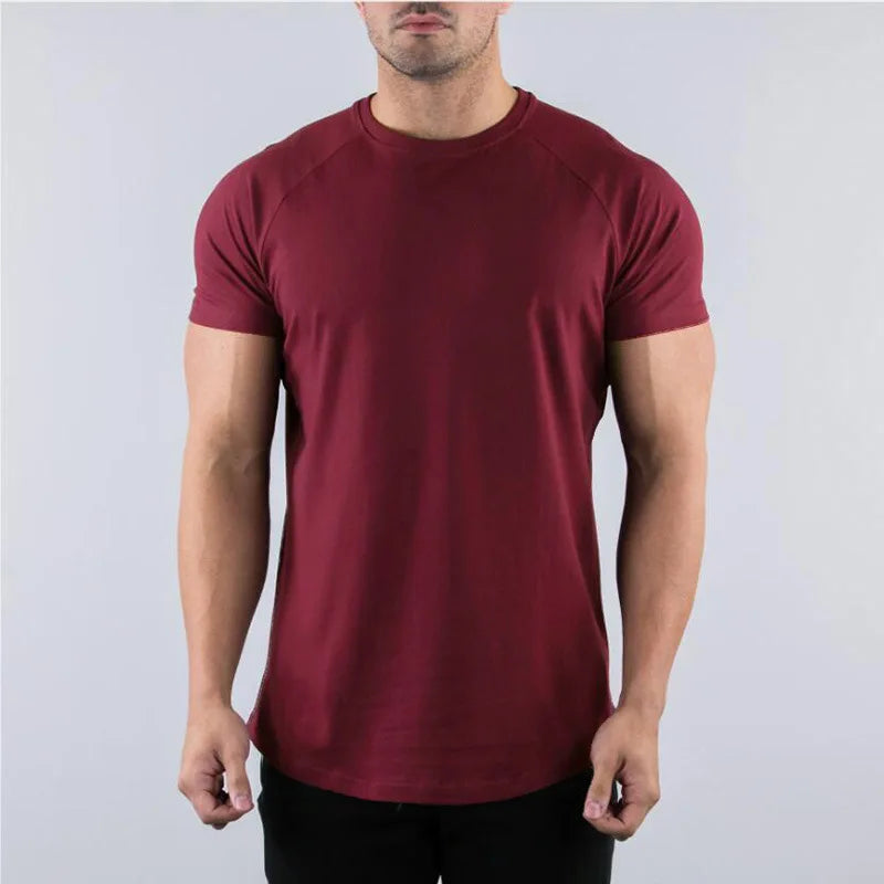 T-shirt de gymnastique en coton pour hommes, vêtements de Fitness d'été, col rond, manches courtes, coupe cintrée, musculation, entraînement