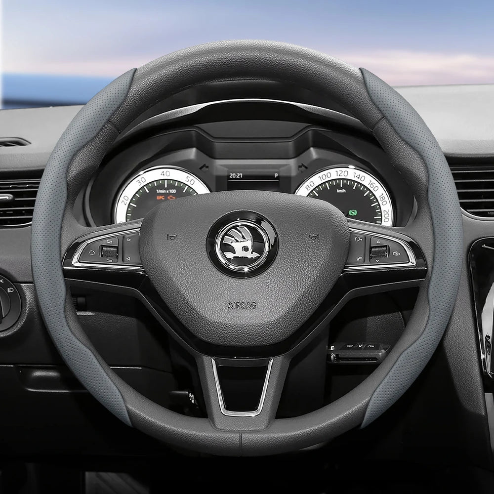 مناسب لـ Skoda غطاء عجلة قيادة من الجلد المسامي بتصميم مقطع سريع التحرير، مضاد للانزلاق ومتين، لسيارات Octavia Rapid Kodiaq Karoq Fabia Superb Kamiq Citigo Scala Combi Kylaq Kushag Slavia Black