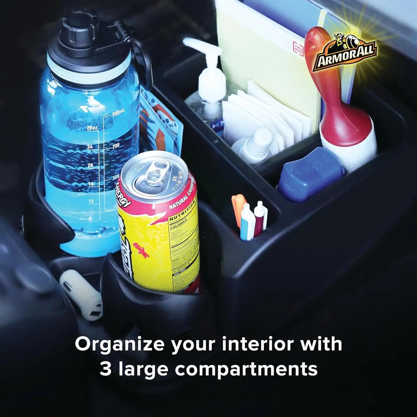 Boîte de rangement pour accoudoir de console de voiture, organisateur de compartiment de siège de voiture avec 2 porte-gobelets réglables pour le rangement et l'organisation des camions