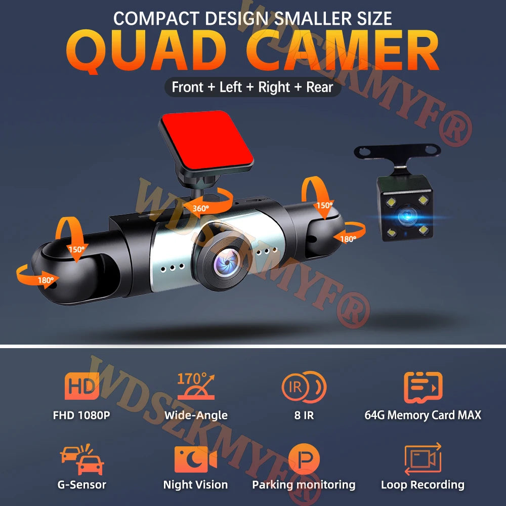 NOUVEAU 3/4 Objectif 360 °   Caméra de voiture 1080P Dash Cam Auto 1080P caméra d'enregistrement de voiture voiture DVR avant gauche droite caméra de recul boîte noire