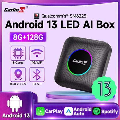 2026 NOUVEAU CarlinKit Android 13 TV Box LED 8 Go + 128 Go SM6225 8-Core CarPlay sans fil Android Auto Adaptateur USB sans fil Prise en charge Netflix IPTV YouTube Tiktok Spotify GPS 4 Go + 64 Go