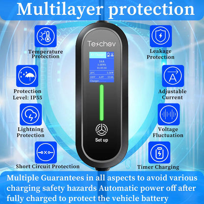 Teschev chargeur EV Portable Type 2 3.5KW 16A 1P chargeur de voiture électrique courant réglable et temps de réglage pour voiture électrique IEC 6219-2