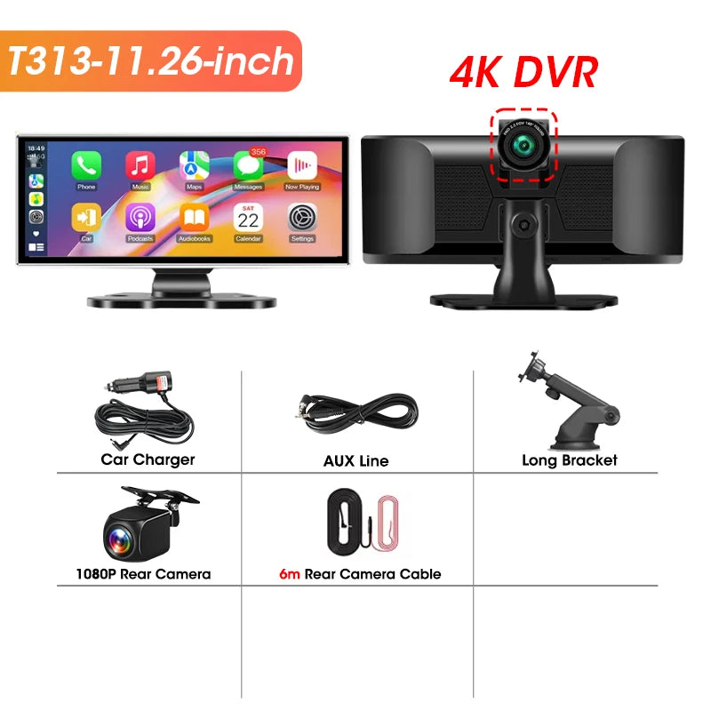 11.26 pouces Dash Cam 4K voiture DVR sans fil Carplay et Android Auto GPS Navigation enregistreur vidéo tableau de bord double objectif 5G Wifi FM AUX