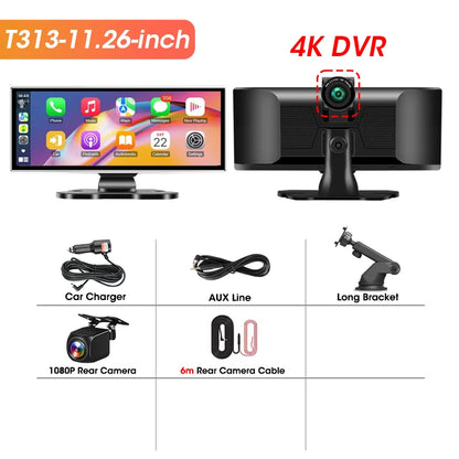 11.26 pouces Dash Cam 4K voiture DVR sans fil Carplay et Android Auto GPS Navigation enregistreur vidéo tableau de bord double objectif 5G Wifi FM AUX