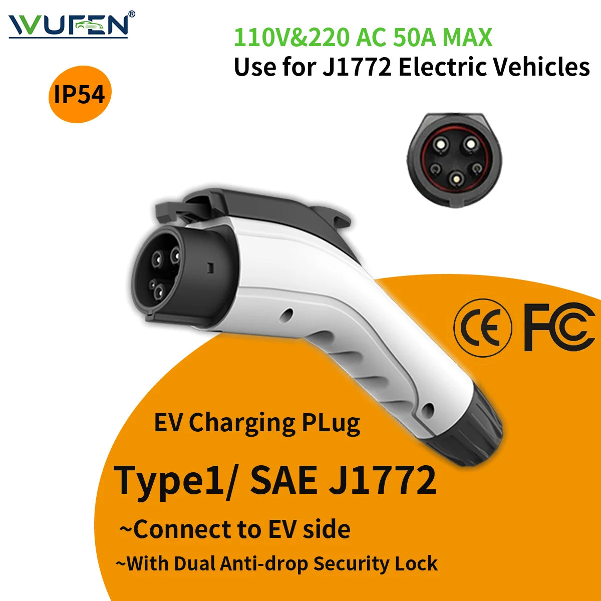 WUFEN Type1 EV chargeur prise 16A 3.5KW/32A 7KW/40A 8.8KW/50A 11KW 1P SAE J1772 connecteur chargeur de voiture électrique Station de charge