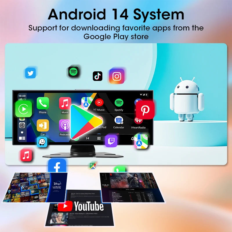 11.26 pouces Android 14 voiture DVR 4G + WIFI 8 cœurs 4G + 64G sans fil Carplay Android Auto Dashcam 1080P enregistrement prise en charge Youtube Netflix
