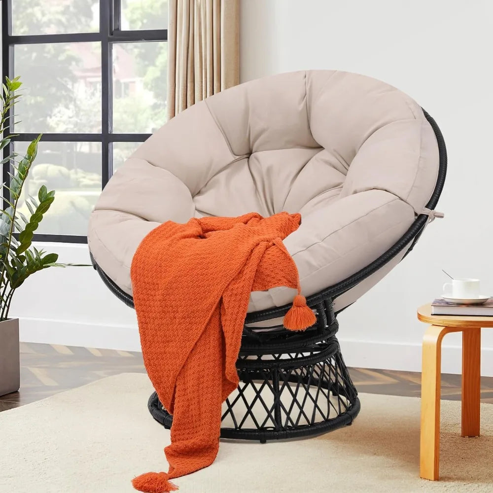Fauteuil Papasan surdimensionné de 46 pouces avec rotation à 360° °   Fauteuil pivotant, cadre en rotin imperméable et coussin épais pour adultes