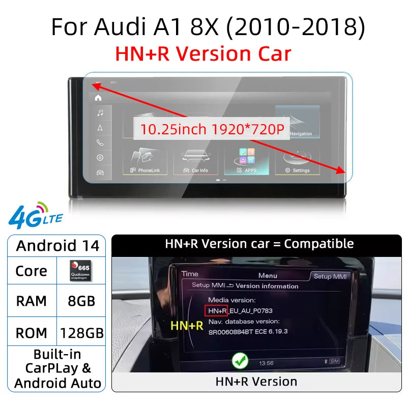 Android 14 Auto Radio CarPlay pour Audi A1 Q2 2010-2023 GPS voiture lecteur multimédia Navi stéréo DSP WIFI SIM BT IPS écran tactile