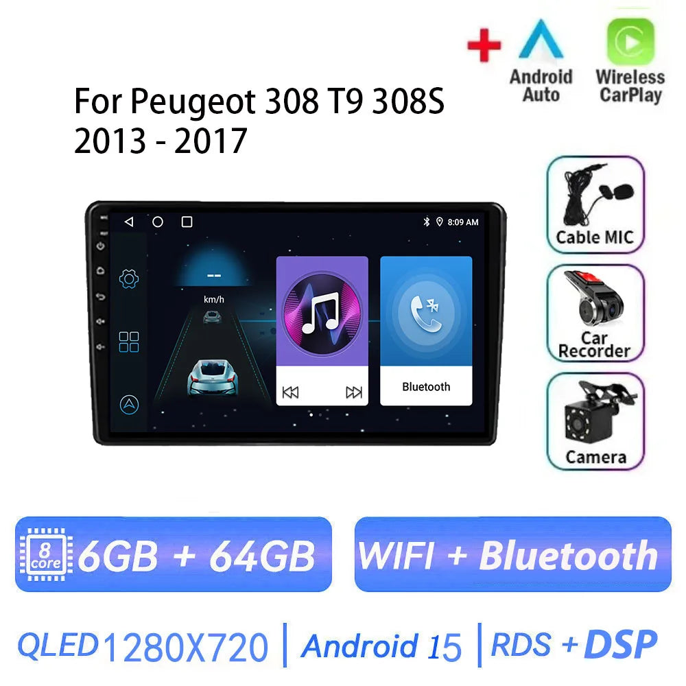 Android 15 pour Peugeot 308 T9 308S 2013 - 2017 Auto stéréo autoradio lecteur multimédia Navigation GPS 4G WIFI sans fil Carplay