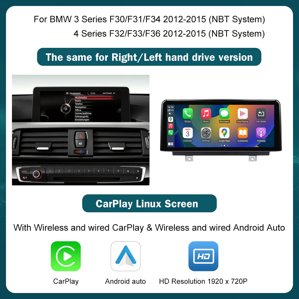 Écran d'affichage multimédia sans fil CarPlay Android Auto, 10.25'12.3', pour BMW série 1 2 3 4 F20 F21 F22 F30 F31 F32 F33