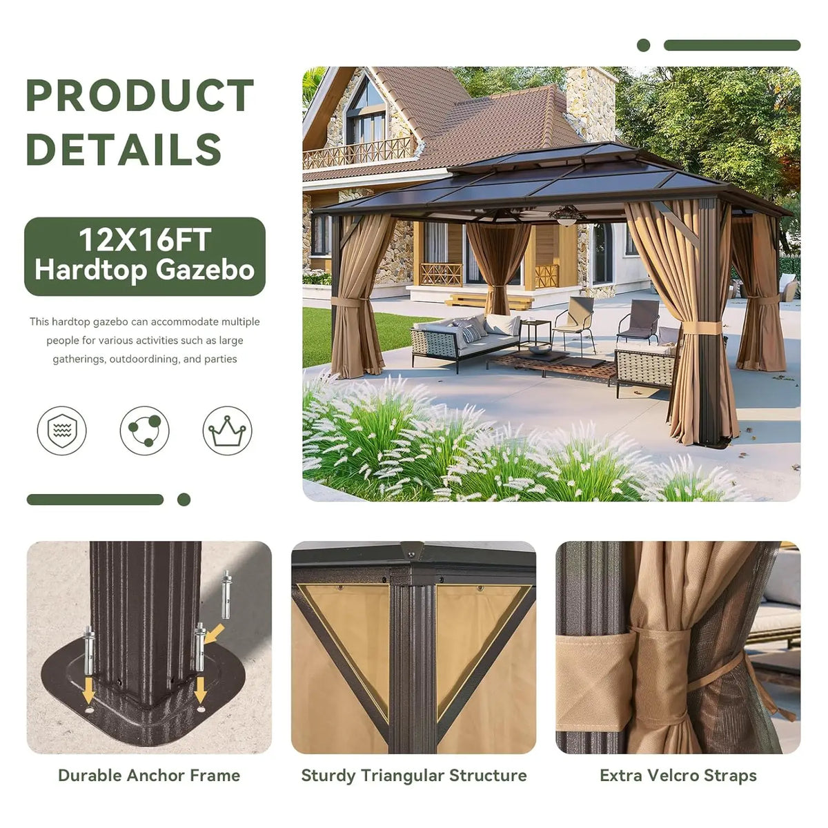 Gazebo à toit rigide en aluminium 12x16 avec rideaux et moustiquaire, toit double en polycarbonate pour jardin, pelouse, terrasse, sur mesure