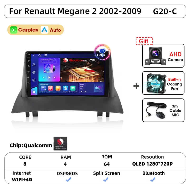 Android Carplay Auto pour Renault Megane 2 2002 2003 2004 2005 2006 2007 2008 2009 lecteur d'autoradio multimédia WIFI + 4G stéréo