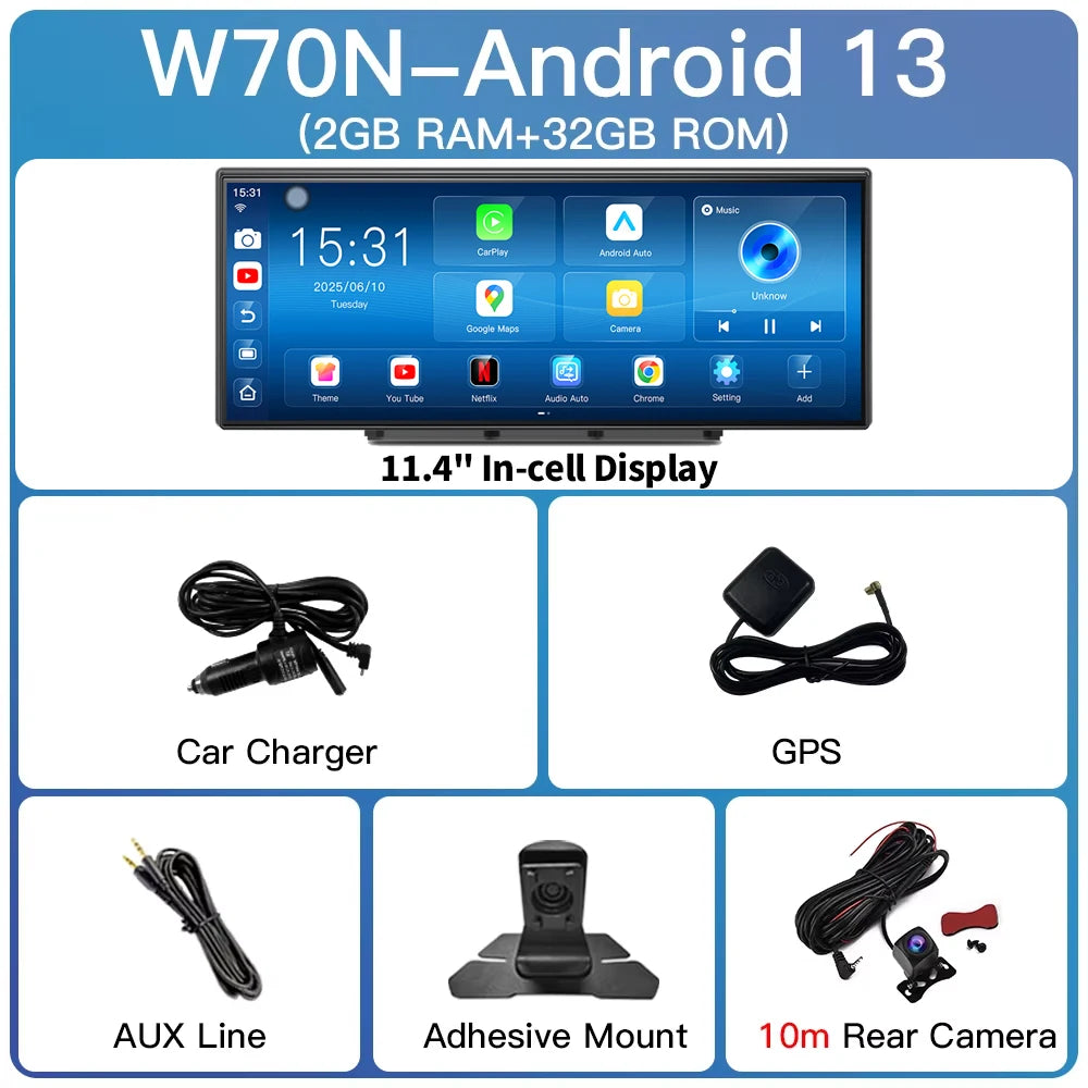 Imagebon W70 11.4 "8 Core Android 14 6 + 128G CarPlay et Android Auto Dash Cam GPS WiFi Google Play Youtube Netflix OTA mise à niveau DVR
