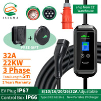 ISIGMA 32A 22kw Type2 chargeur EV Portable IEC 62196-2 Tuya APP minuterie EVSE charge Type2 prise Wallbox voiture électrique 5M câble