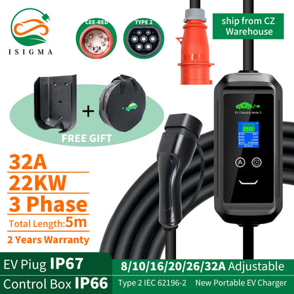ISIGMA 32A 22kw Type2 chargeur EV Portable IEC 62196-2 Tuya APP minuterie EVSE charge Type2 prise Wallbox voiture électrique 5M câble