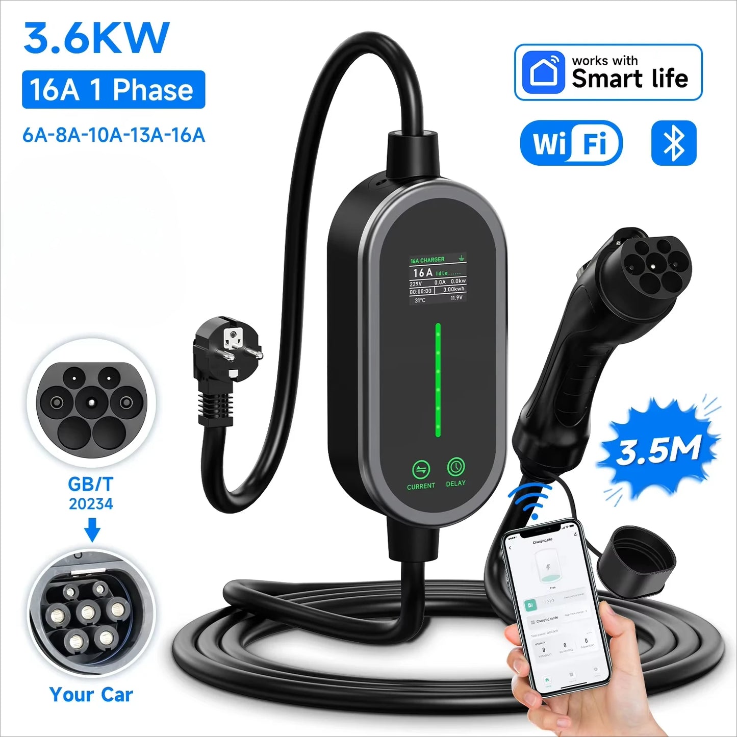 شاحن سيارة كهربائية محمول AFEEV 3.6KW من النوع 2 IEC62196-2/النوع 1/GBT قابل للتعديل 6-16 أمبير، تحكم عبر التطبيق، مقبس أوروبي IP65، شحن سريع آمن