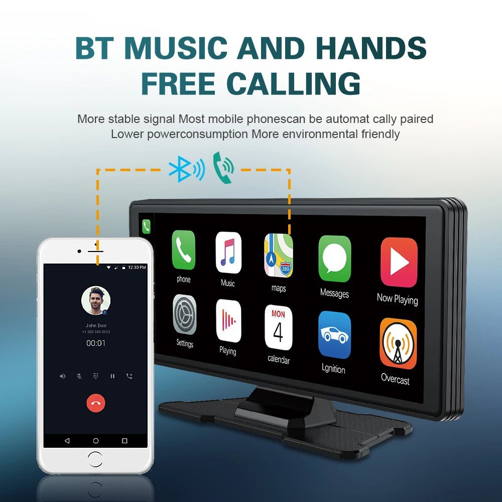 راديو سيارة لاسلكي يدعم CarPlay و Android Auto، مشغل مرآة محمول عالمي، صوت بلوتوث، ستريو AUX، يدعم Apple أو Android، مقاس 10.26 بوصة