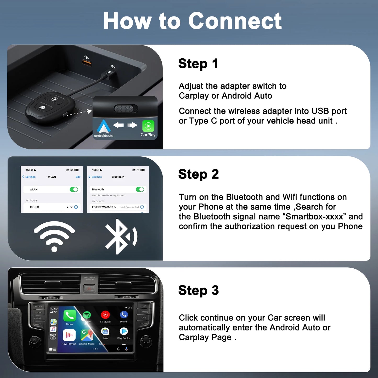 Adaptateur sans fil Android Auto et Apple CarPlay 2 en 1, adaptateur sans fil 5,8 GHz pour voitures CarPlay filaires en usine