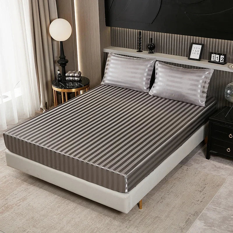 Satin-injFitted-طقم ملاءات سرير كوين، رمادي، ناعم، مبرد، جيب عميق، أطقم مفروشات، مخطط، سادة، غطاء مرتبة
