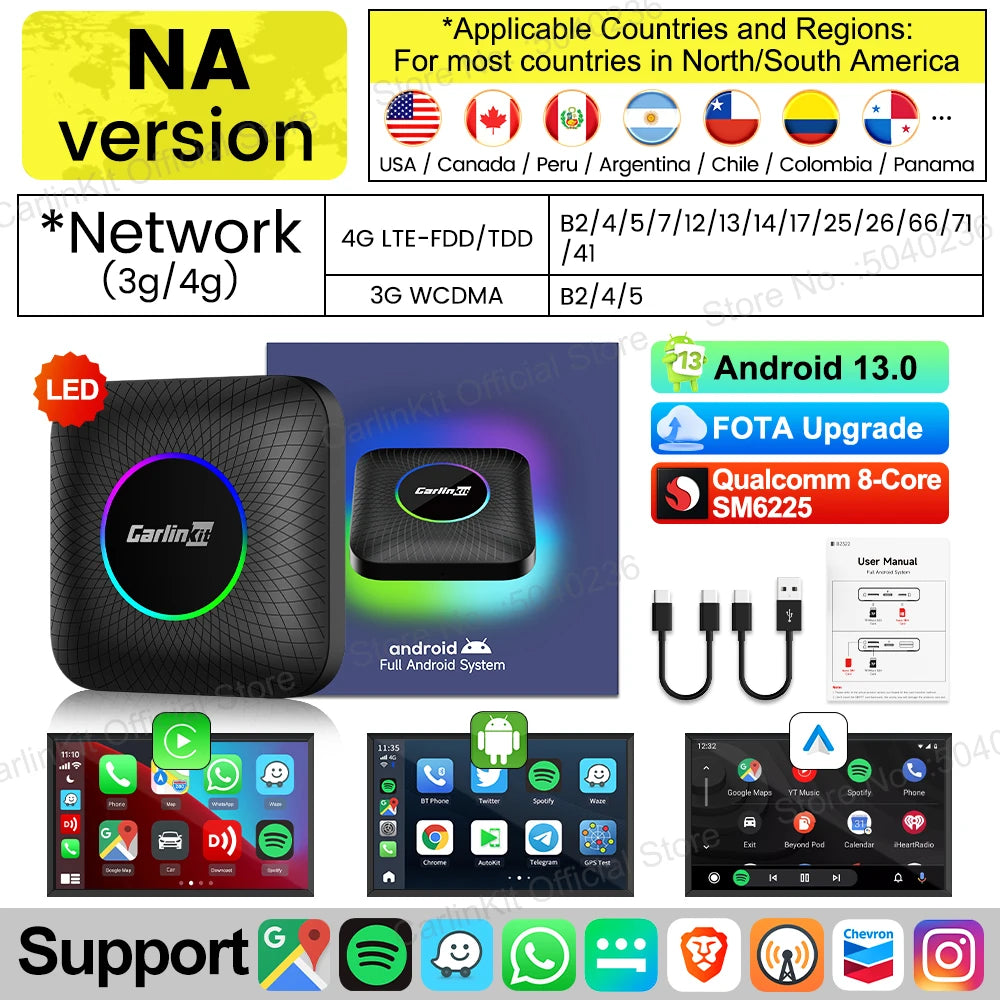 2025 CarlinKit 3 en 1 Android 13 Mini CarPlay Ai Box Android Auto Sans Fil CarPlay Box QCM6125 6225 8-Core Intégré Netflix Google Play Store Prise en charge de la carte SD 512 Go Car Smart TV Box pour voitures Android