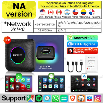 2025 CarlinKit 3 en 1 Android 13 Mini CarPlay Ai Box Android Auto Sans Fil CarPlay Box QCM6125 6225 8-Core Intégré Netflix Google Play Store Prise en charge de la carte SD 512 Go Car Smart TV Box pour voitures Android
