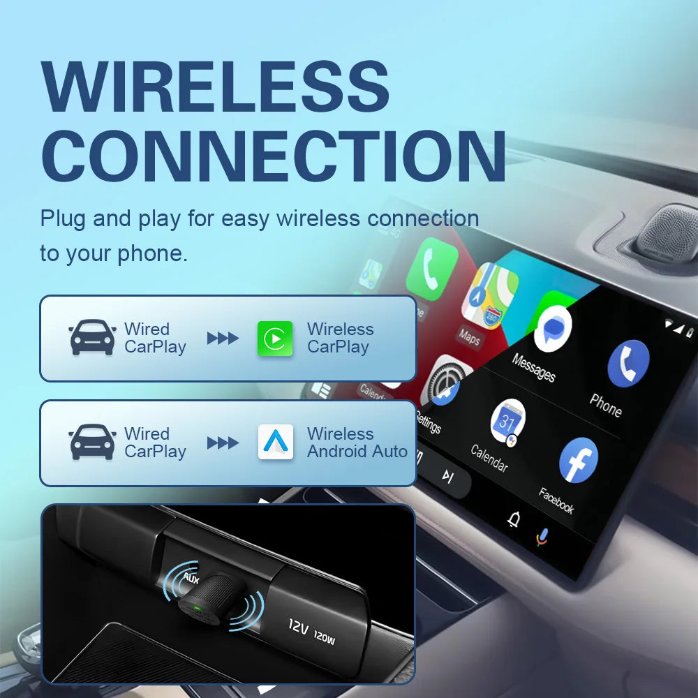 Adaptateur CarPlay Android Auto sans fil BYLITU Mini U8 convertit CarPlay filaire en sans fil Compatible avec la plupart des voitures Plug & Play