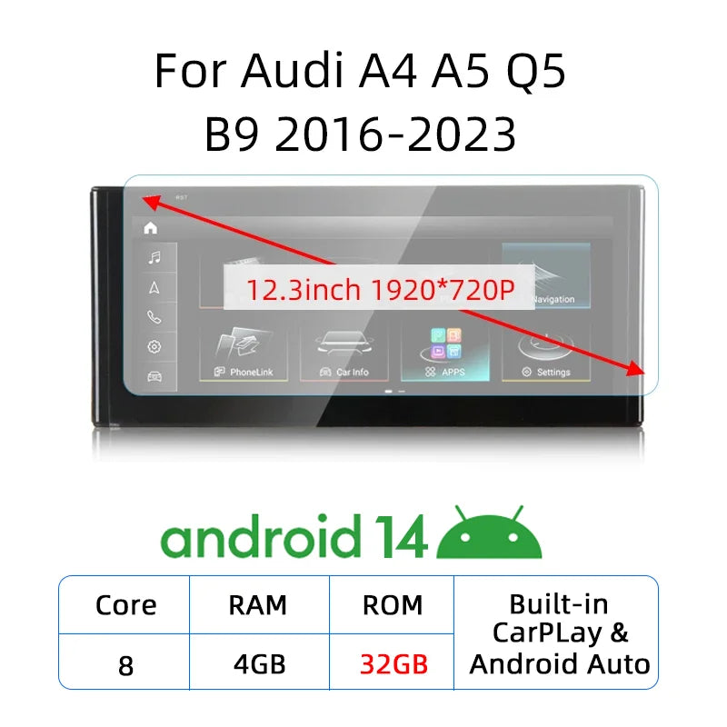 Carplay sans fil Android 14, 12.3, pour Audi A4 A5 Q5 B9 2017 2016 – 2023, écran tactile IPS, WIFI, multimédia, stéréo, récepteur GPS Navi