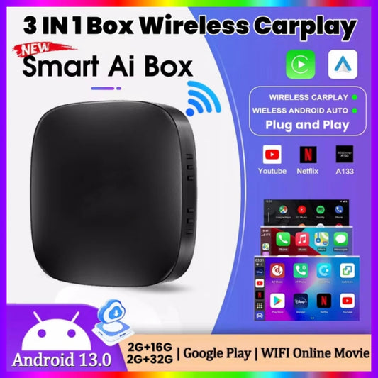 2026 Android 3In1 CarPlay Ai Box sans fil Android Auto USB adaptateur pour Youtube Netflix universel TV Box Plug and Play voiture jouer