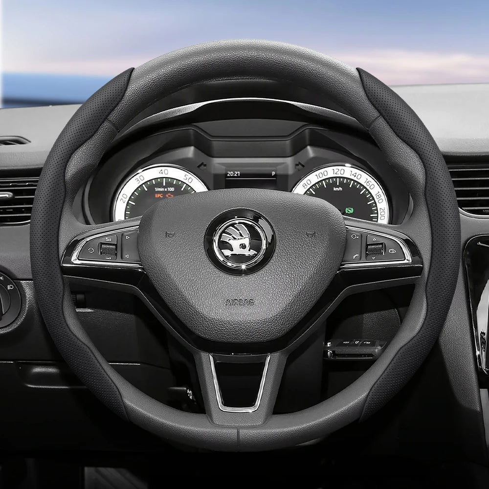 مناسب لـ Skoda غطاء عجلة قيادة من الجلد المسامي بتصميم مقطع سريع التحرير، مضاد للانزلاق ومتين، لسيارات Octavia Rapid Kodiaq Karoq Fabia Superb Kamiq Citigo Scala Combi Kylaq Kushag Slavia Black