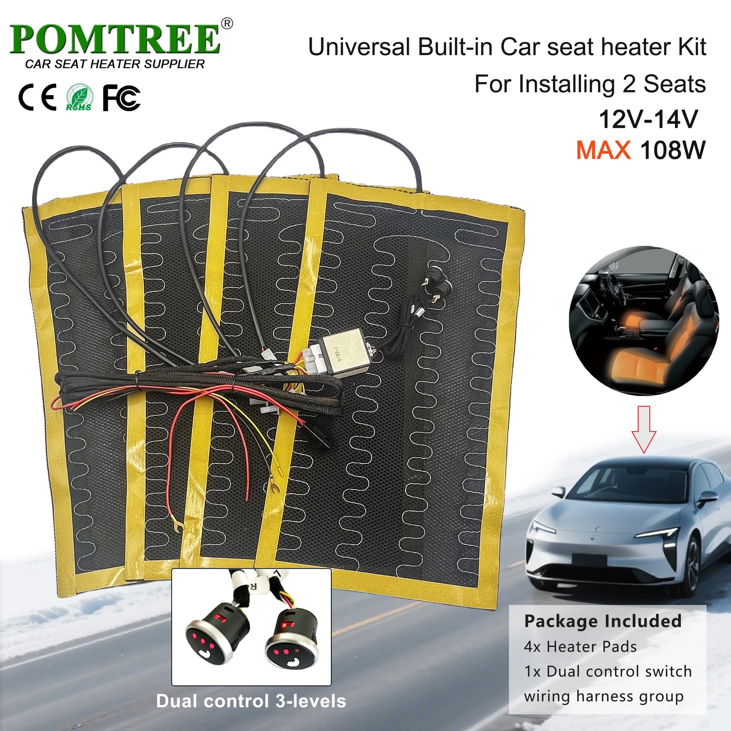 Nouveau Kit de chauffage de siège de voiture intégré adapté aux 1/2 sièges, 12V 2/4 pièces tampons chauffants universels en fil d'alliage 3 niveaux interrupteur chauffant à double commande